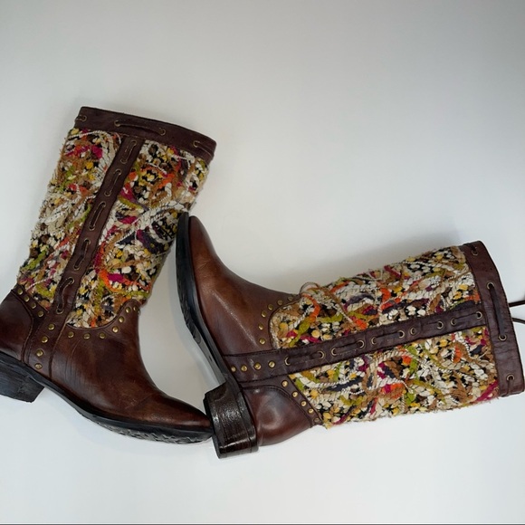Spring Step Tapestry Woven Mid Calf Boho Western Boot Brown Leather - Picture 8 of 17